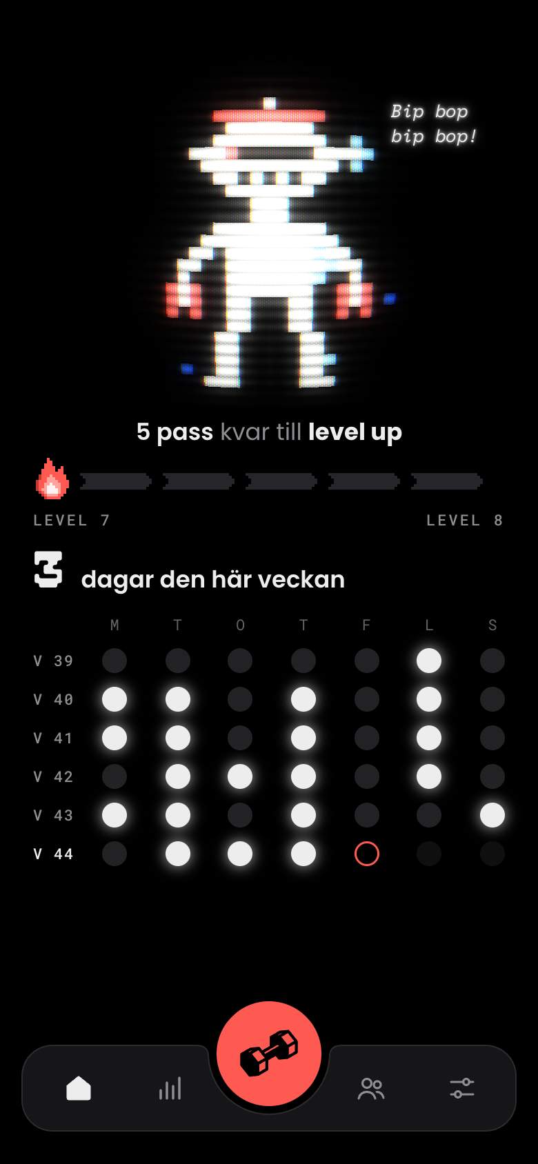 Hemskärmen i Gainagotchi med buddyn, levelmätaren och sex veckor prickar.